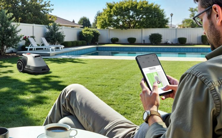 Mann steuert Rasenmäher mit dem Smartphone