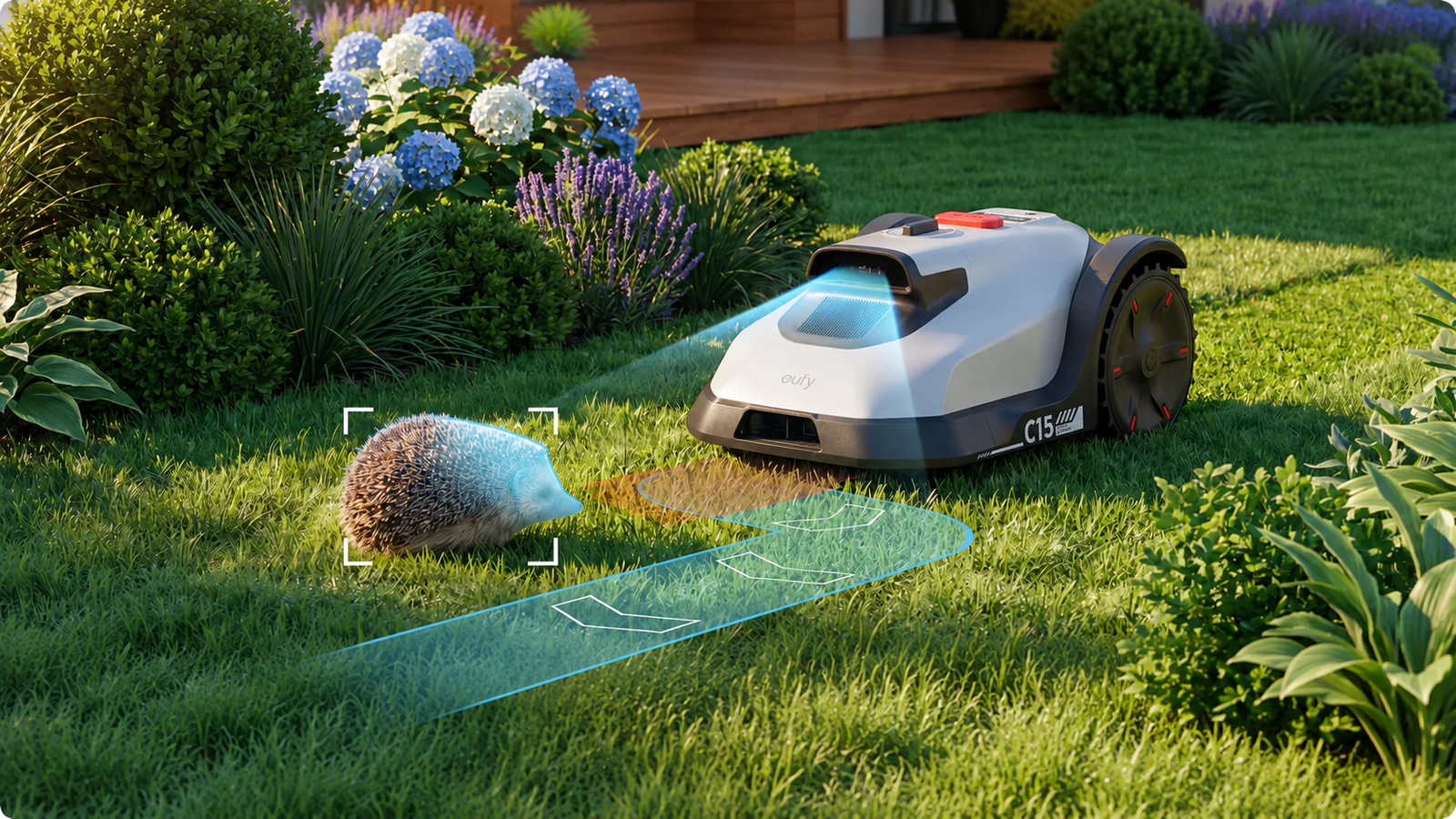 Der eufy-Mähroboter C15 erkennt und umfährt Hindernisse