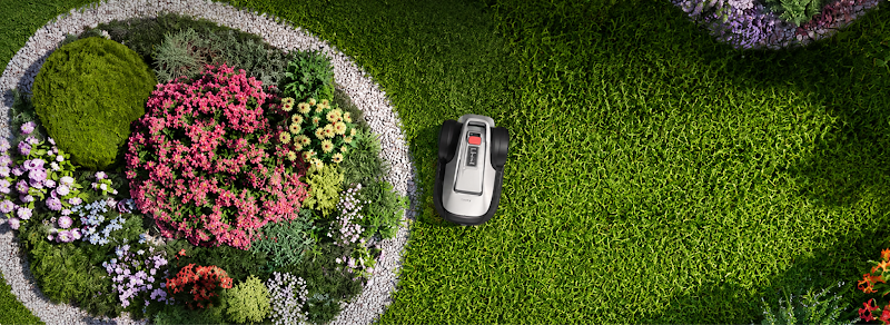 Mähroboter mäht neben einem Blumenbeet