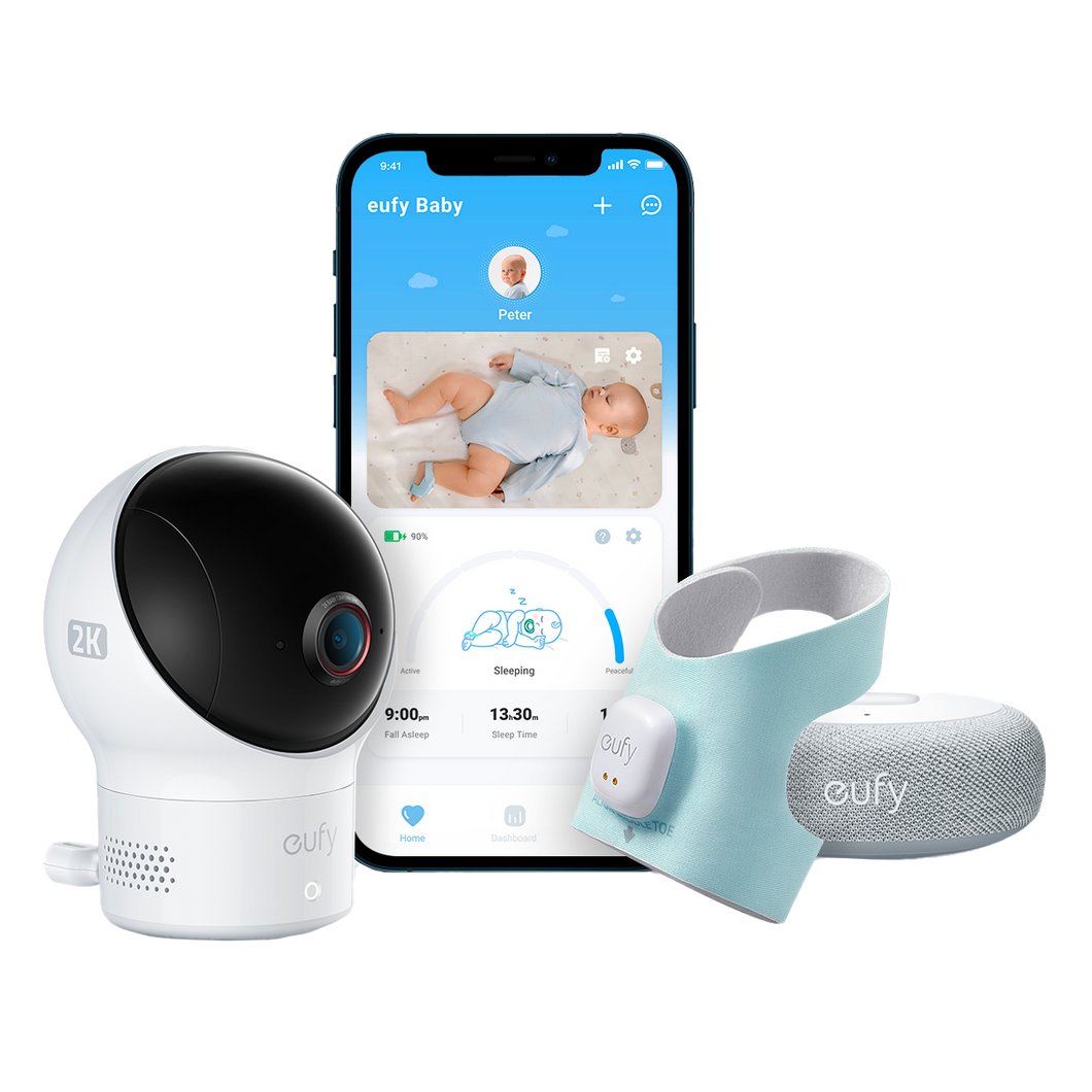 eufy Baby S340 Smart Sock Babyphone, 2,4 GHz WLAN, Überwachung von Schlafmustern, Nickerchen, Puls & Blutsauerstoff, 2K-Kamera, KI-Weinerkennung, Schwenk- & Neigefunktion, Ohne Monatliche Gebühren