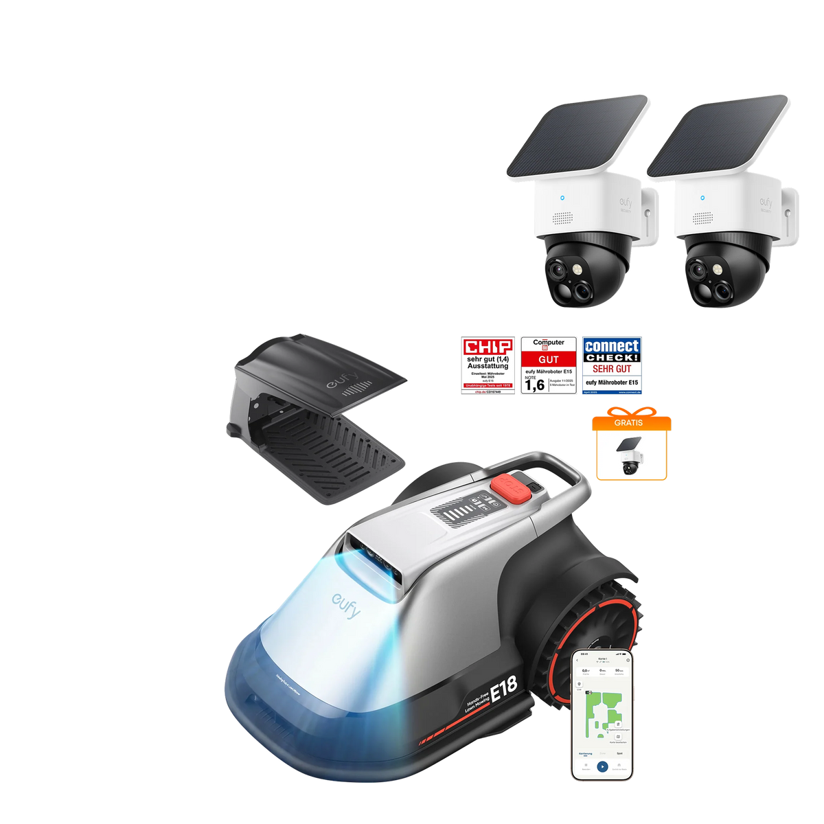 eufy Mähroboter E18 und eufyCam Solo S340 kabellose Überwachungskamera für Außen mit Dual‑Kamera und Solarpanel (2er‑Pack)