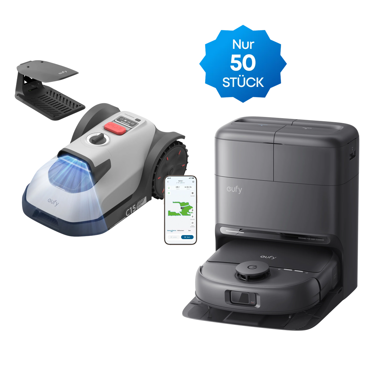 eufy Mähroboter C15 Standard mit Garage & Saugroboter C28 mit Wischfunktion Set